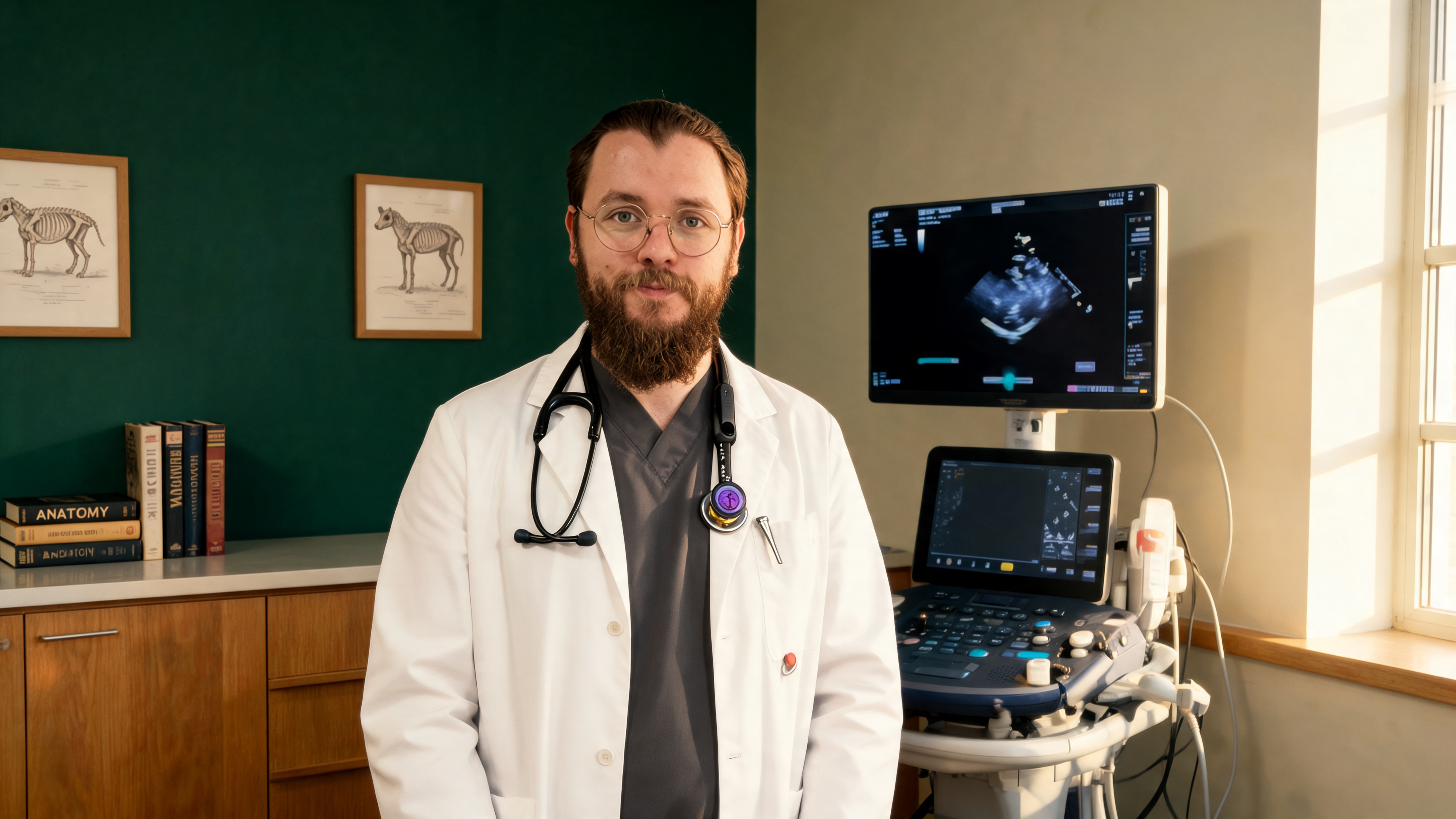 Dr. Egemen Mahzunlar — muayene odasında, ultrasonografi cihazı önünde klinik portresi.